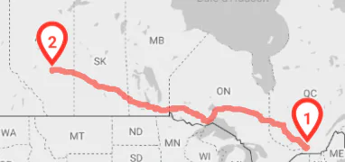 Carte montrant un trajet de déménagement longue distance au Canada entre le Québec et les Prairies