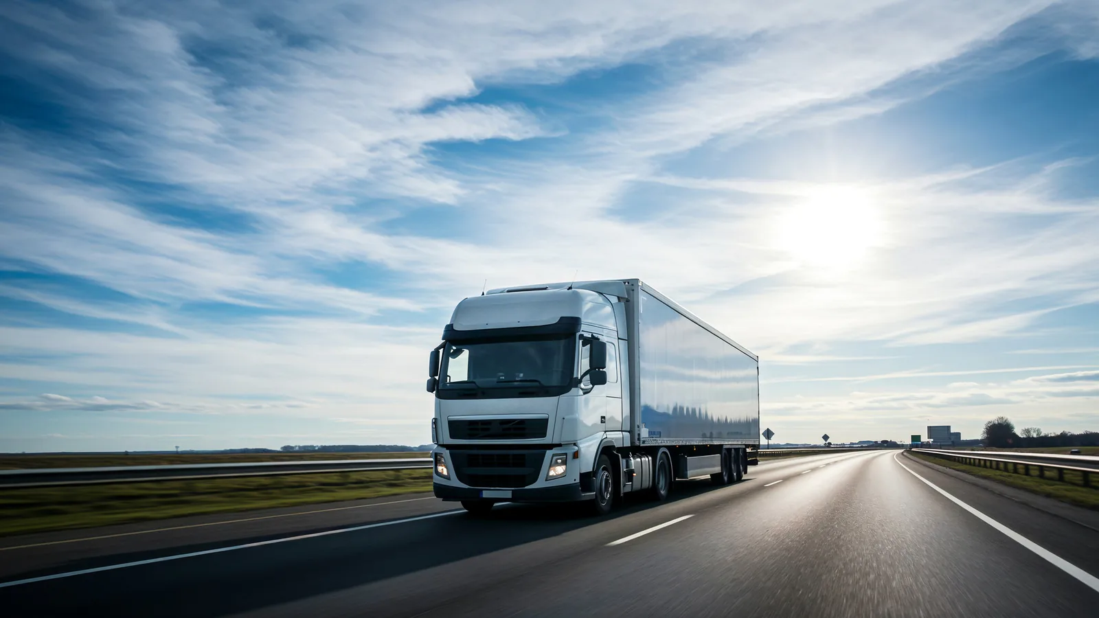 Camion de déménagement longue distance blanc roulant sur une autoroute sous un ciel bleu