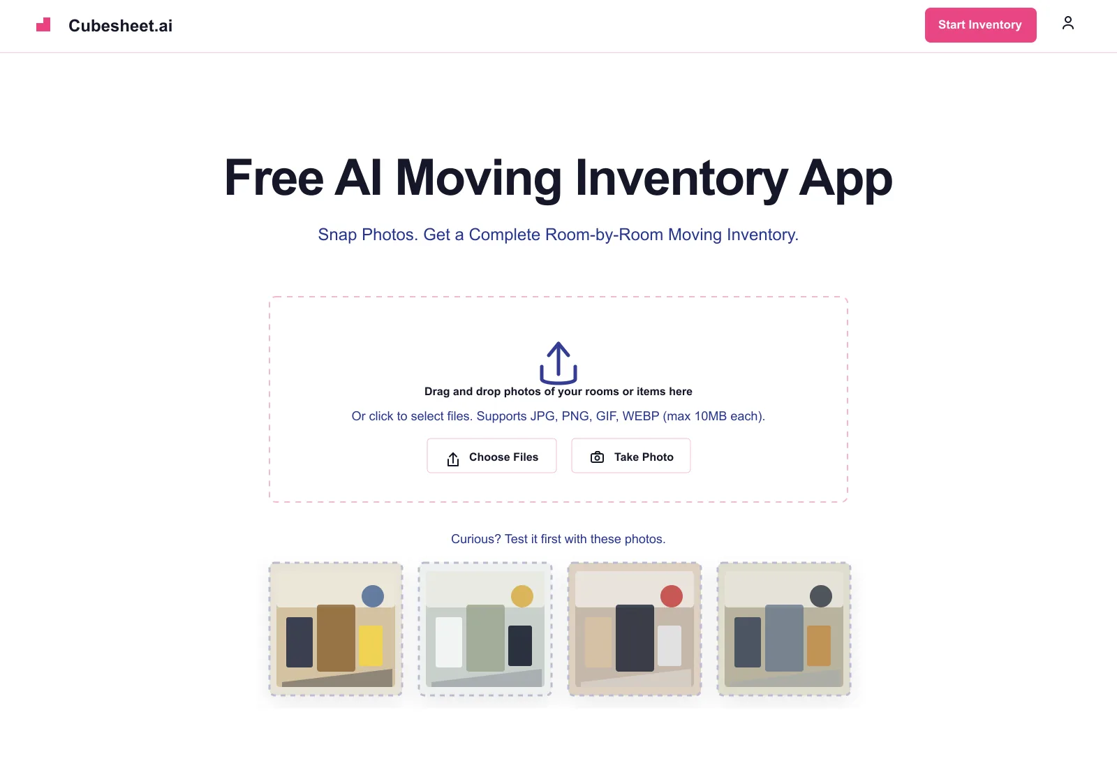 CubeSheet AI moving inventory app upload screen for long distance moving quotes