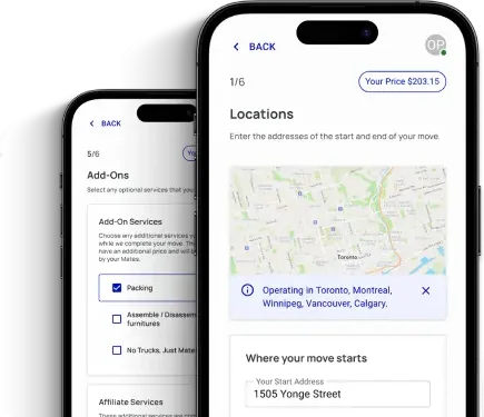 MoveMate mobile booking flow showing locations and add-on services