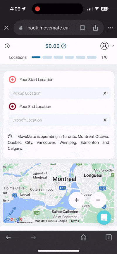 MoveMate mobile booking flow showing moving details and checkout steps