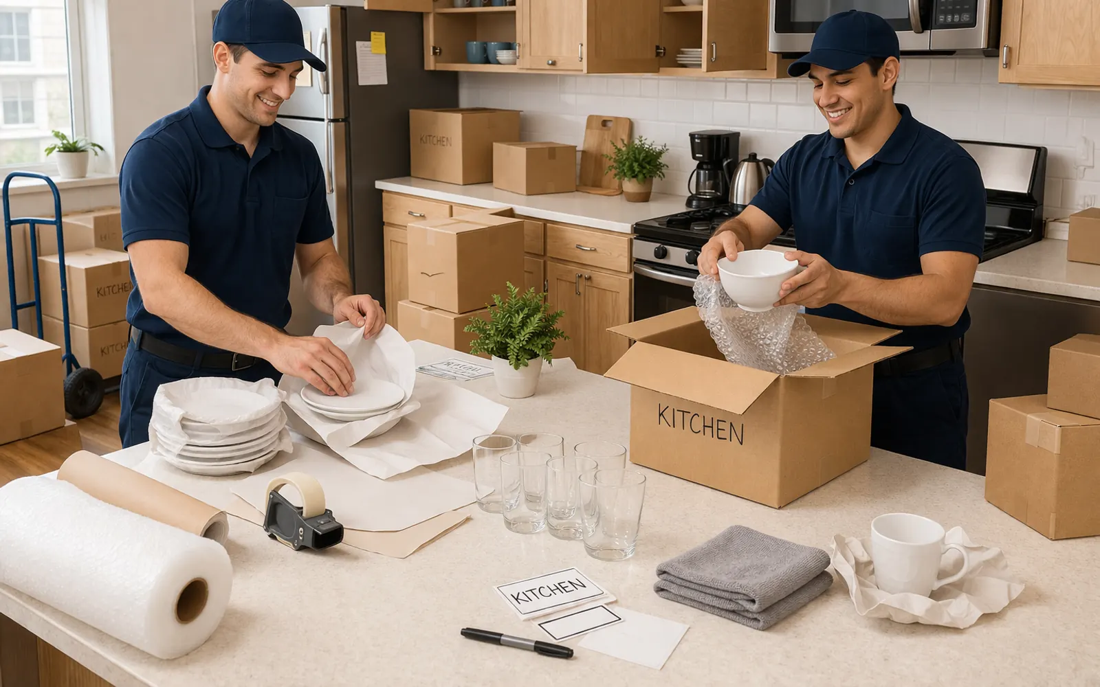 Packed moving boxes prepared for transport