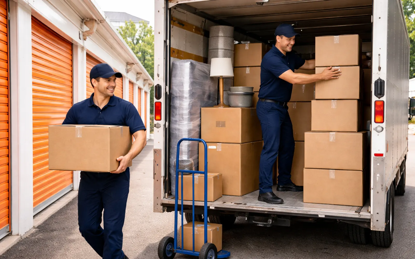 Movers loading items for a storage unit move